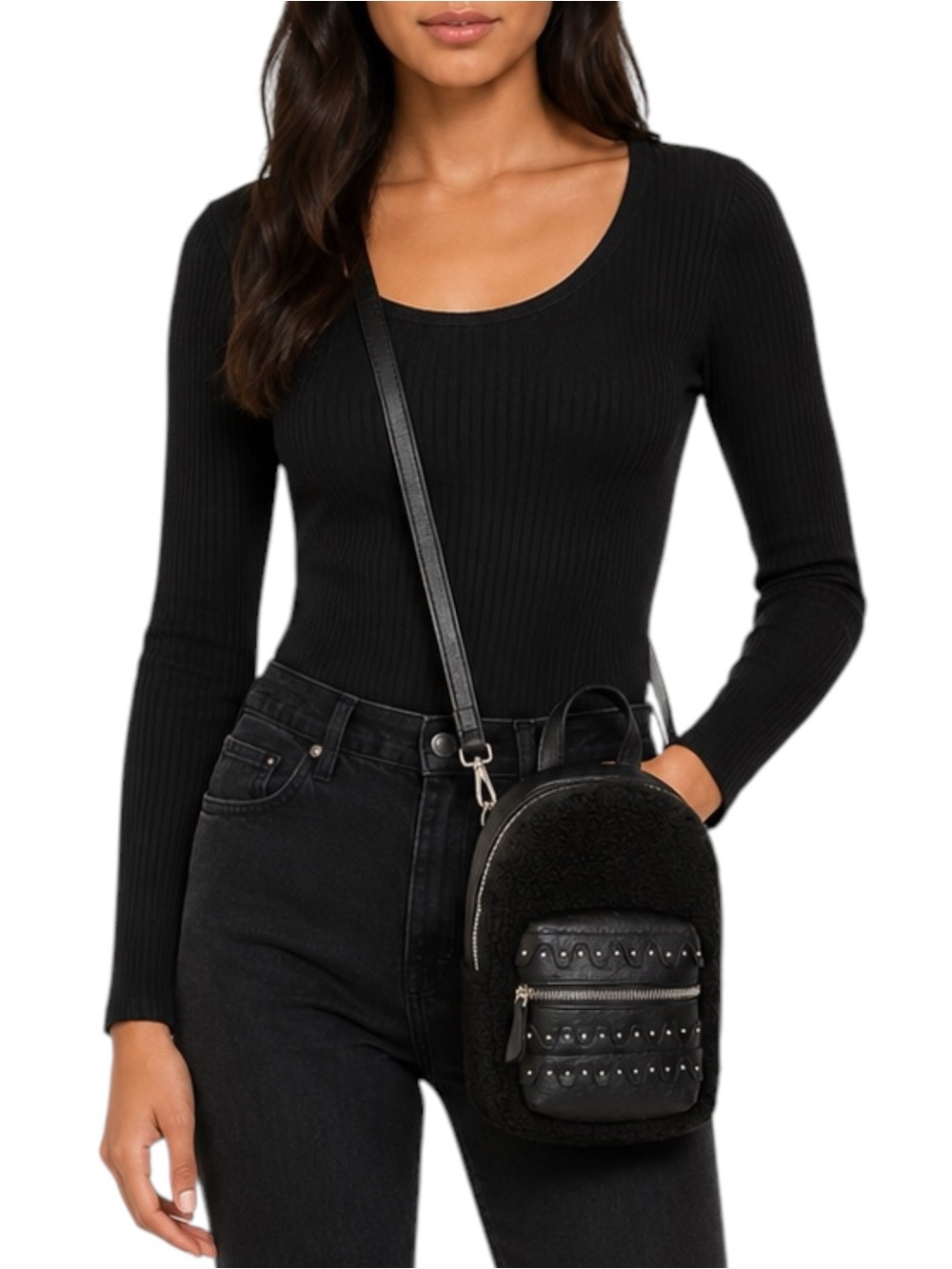 DANIELLE NICOLE Black Faux Minx Fur Crossbody Mini Backpack Bag
